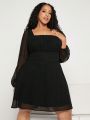 SHEIN CURVE+ Plus Size Mesh Splice Lantern Sleeve Square Neckline Dress