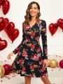 EMERY ROSE Women'S V-Neck Floral Printed Long Sleeve Dress