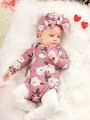 SHEIN Newborn Baby Girls' Floral Printed Long Sleeve Bodysuit With Ruffled Shoulder & Large Bow Headband Set