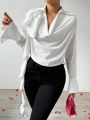 SHEIN Privé Women'S Party Ruffle Cowl Collar White Shirt With Unique Design