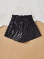 SHEIN Kids FANZEY Big Girls' Woven Pure Color Pu Leather Loose Fit Casual Shorts