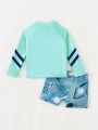 Baby Boy Cartoon Printed Raglan Long Sleeve Top And Shorts Swimming Suit Set