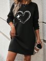 SHEIN LUNE Ladies' Heart & Leopard Print Long Sleeve Dress