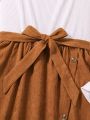 Teenage Girls' Color Block Square Neck Puff Sleeve Belted Bubble Dress