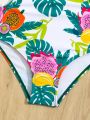 Little Girls' Fruit & Tree Leaves Printed One-Piece Swimsuit With Ruffled Hem