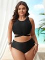 SHEIN Swim Basics Plus Size Women'S Cross-Tie Swimsuit Top