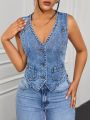 SHEIN ICON Ladies' Single-Breasted Sleeveless Denim Shirt