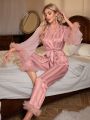 Women's Striped Long Sleeve Top And Pants Pajama Set With Lace Detailing