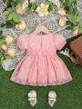 Baby Girl Floral Jacquard Puff Sleeve Belted Dress