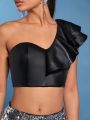 Luxe One Shoulder Ruffle Trim Crop PU Leather Top