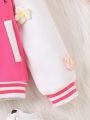 Young Girl Letter Graphic Floral Patched Striped Trim Varsity Jacket