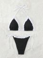 Contrast Ruffle Trim Triangle Cup Knotted Side Bikini Swimsuit Set