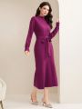 SHEIN Modely Women's Stand Collar Belted Long Sweater Dress