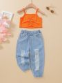 SHEIN Kids EVRYDAY Young Girl Ruched Bow Front Cami Top & Ripped Jogger Jeans