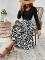 SHEIN VCAY Women's Ruffle Hem Long Sleeve Top And Plant Print Midi Skirt 2pcs/set