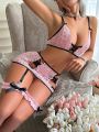 SHEIN Ladies' Sexy Lace Perspective Lingerie Set With Bowknot Decoration