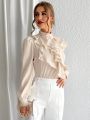 SHEIN Privé Solid Color Ruffle Lace Puff Sleeve Shirt