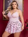 Plus Size Sexy Heart Printed Patchwork Lace Lingerie Dress With T-Back, Valentine'S Day