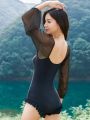 Women's Mesh Insert Off-shoulder Long Sleeve One Piece Swimsuit