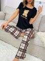 Bear Print Pajamas Checked Home Wear Set