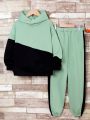 SHEIN Kids EVRYDAY Boys' Casual Loose Fit Color-blocking Sweater And Pants Knitted Suit