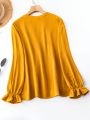 SHEIN LUNE Plus Size Notch V-neck Ruffle Long Sleeve Shirt