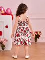 SHEIN Kids CHARMNG Young Girls' Flower Patterned Cami Dress With Bowknot Decoration