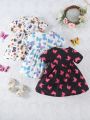 3pcs/set Newborn Baby Girls' Spring/summer Printed Round Neck Short Sleeve Dress