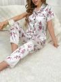 Imitation Silk Floral Print Pajama Set With Lace Trim