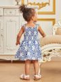 Baby Girl'S Blue Floral Print Elegant Dress