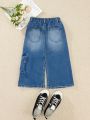 Tween Girls' New Arrival Casual & Fashionable Workwear Style High-Slit Denim Skirt With Washing Effect