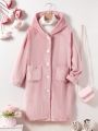 SHEIN Tween Girls' Knitted Solid Color Hooded Loose Fit Long Bathrobe With Double Patch Pockets For Home Wear