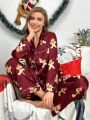 Christmas Gingerbread Man Print Contrast Piping Satin PJ Set