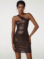 CarlaGiantsidis Asymmetrical Neck Metallic Bodycon Dress