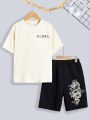 SHEIN Kids EVRYDAY Boys' Casual Printed Round Neck T-shirt And Chinese Dragon Printed Shorts Two-piece Set, Summer