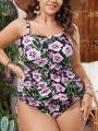 SHEIN Swim Classy Plus Size Women's Floral Print Bikini Set With Vest Style Top