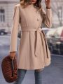 Solid Button Front Belted Overcoat