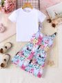 SHEIN Kids QTFun Girls Solid Color Short-Sleeved T-Shirt And All-Over Cartoon Print Suspender Dress Two-Piece Set