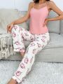 Women'S Cami Tank Top And Flower Printed Pajama Set