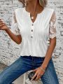 Women's Embroidered Mesh Short Sleeve Button Half Placket T-Shirt