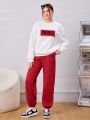 Teen Girls' Knitted Sweater And Pants Set With Letter Printed Round Neck