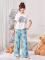 SHEIN Teenage Girls' Knitted Elephant & Bunny Pattern T-shirt And Pants Set For Home