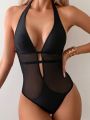 Women's Mesh Spliced Backless Halter One Piece Swimsuit