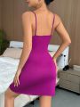 Lace Splicing Split Hem Women's Satin Slip Dress With Adjustable Straps