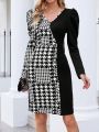 EMERY ROSE Women's Houndstooth Pattern Woolen Leg-of-mutton Sleeve Dress