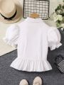 Teen Girls' Short Sleeve Puff Sleeve Blouse With Ruffle Trim