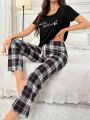 Letter Printed Short Sleeve T-Shirt And Checked Pants Pajama Set