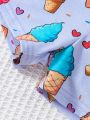 SHEIN Young Girl Knitted Cute Cartoon Ice Cream Printed Two Piece Pajama Set