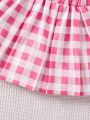 SHEIN Kids CHARMNG Little Girls' Solid Color Bubble Sleeve Top & Plaid A-Line Skirt Set