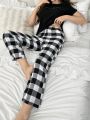 Ladies' Letter Printed Top & Checkered Pants Home Wear Set